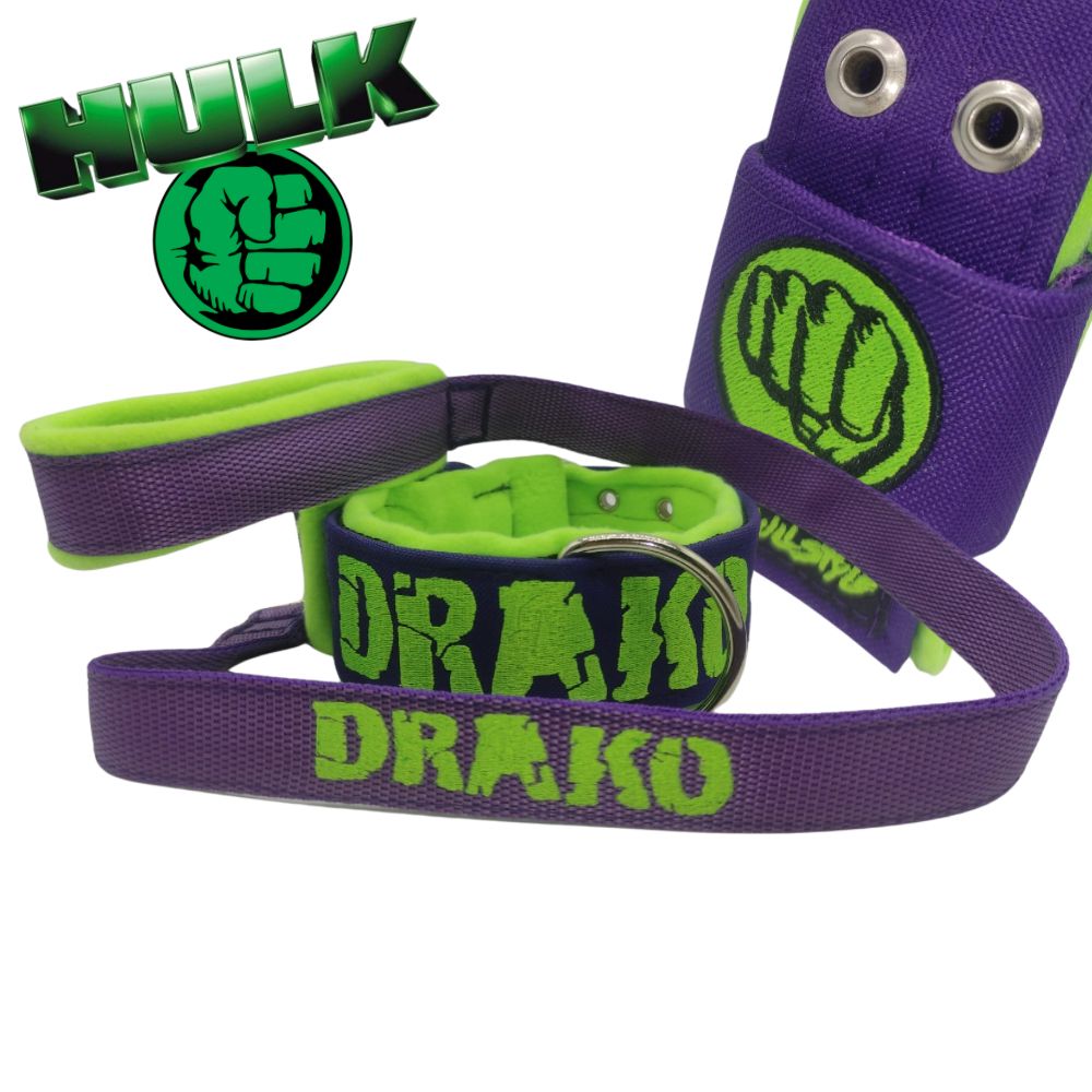 Conjunto Hulk Bullstyles: Pack de collar en tela personalizada 50mm verde flúor y correa de 90cm para perros fuertes