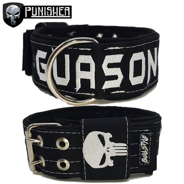 Collar para perro modelo Punisher de Bullstyles en 40mm y 50mm con diseño de calavera, nombre bordado y hebilla de seguridad reforzada