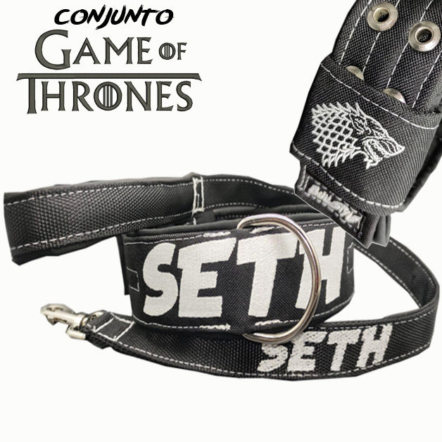 Conjunto Juego de Tronos Bullstyles: Pack de collar en tela personalizada 40mm y 50mm negro yblanco con correa de 90cm para perros de presa.