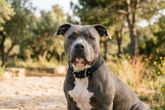 American Bully con collar negro ancho en un parque.