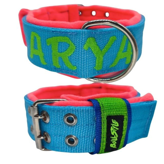 Collar Personalizado Turquesa con Forro Rosa y Nombre Bordado | Bullstyle