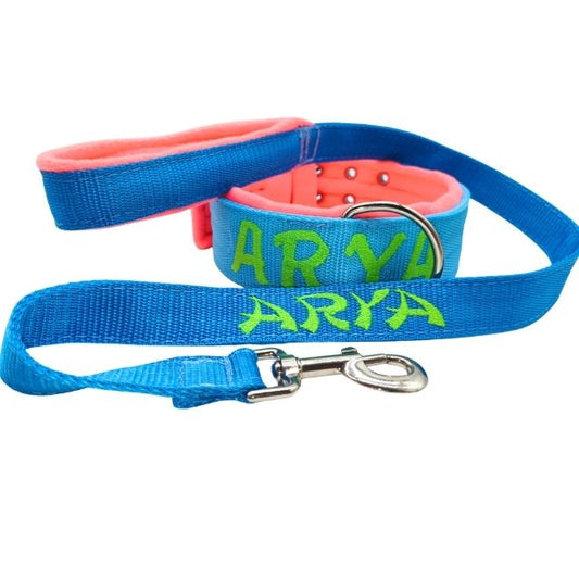 Conjunto Collar y Correa Personalizado azul y forro rosa Street Line