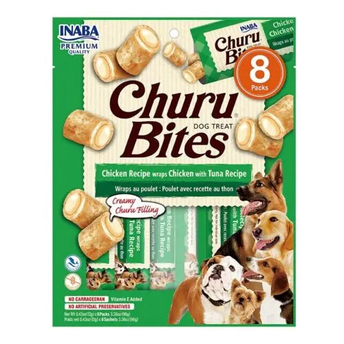 Snack para perros Churu Bites sabor pollo con atún, en formato de bocados cremosos y blandos, ideal como premio o entre comidas