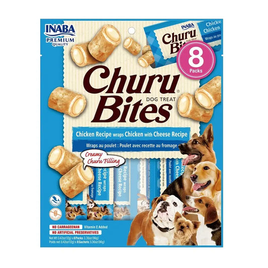 Snack para perros Churu Bites sabor pollo con queso, en formato de bocados cremosos y blandos, ideal como premio o entre comidas

