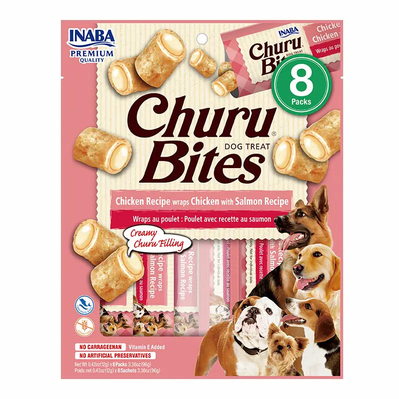 Churu Bites para perros con pollo y salmón, un delicioso snack saludable para mascotas.
