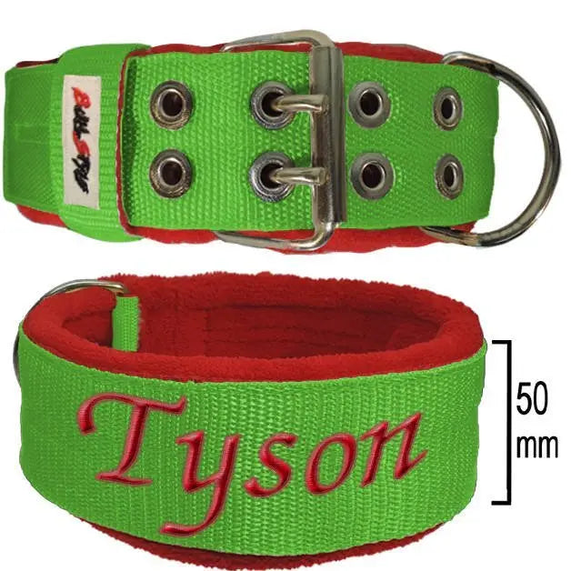 Collar para perro grande Bull Style Kennel Line de 50 mm en verde flúor con forro polar rojo y bordado rojo, con hebilla de seguridad y herrajes reforzados