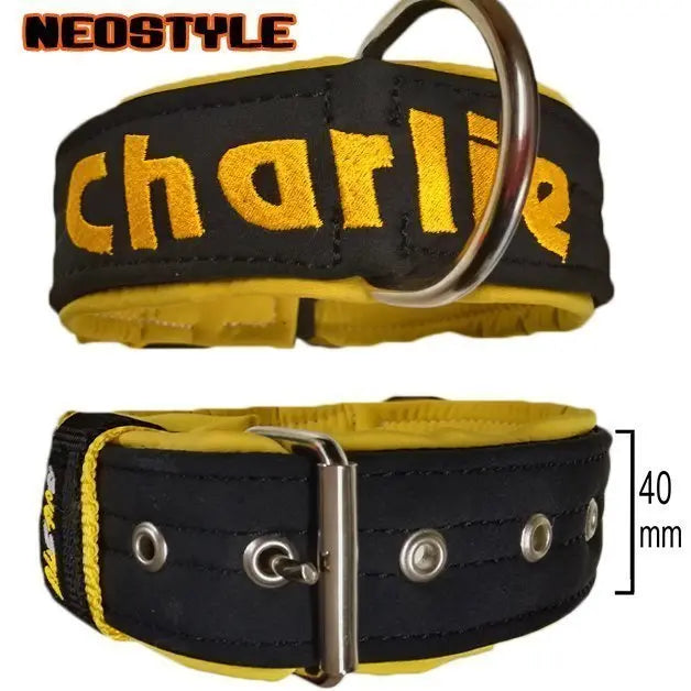 Collar Bull Style Neostyle negro con forro y bordado mostaza, de 40 mm, con tacto softshell efecto neopreno para perros medianos y grandes