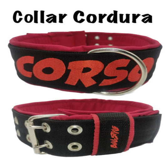 Primer plano del collar Cordura roja de Bullstyles en 50mm, mostrando la textura del tejido militar, los herrajes de acero y el bordado de alta definición
