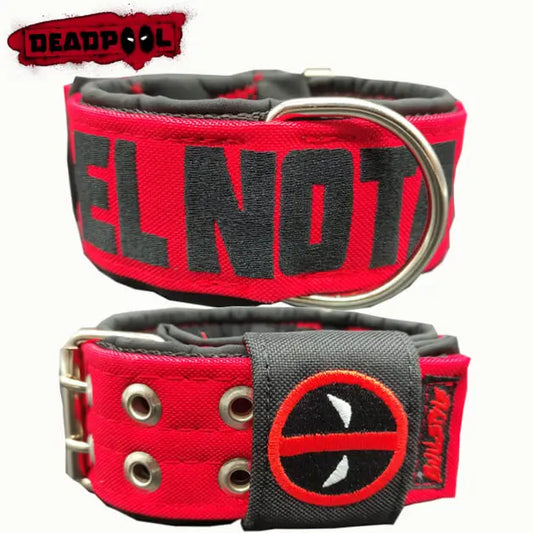 Collar para perros Deadpool de 50mm, personalizado con nombre para Rottweiler, Dogo Argentino y Presa Canario. Fabricado en nylon de alta resistencia con cierre de seguridad Bullstyle