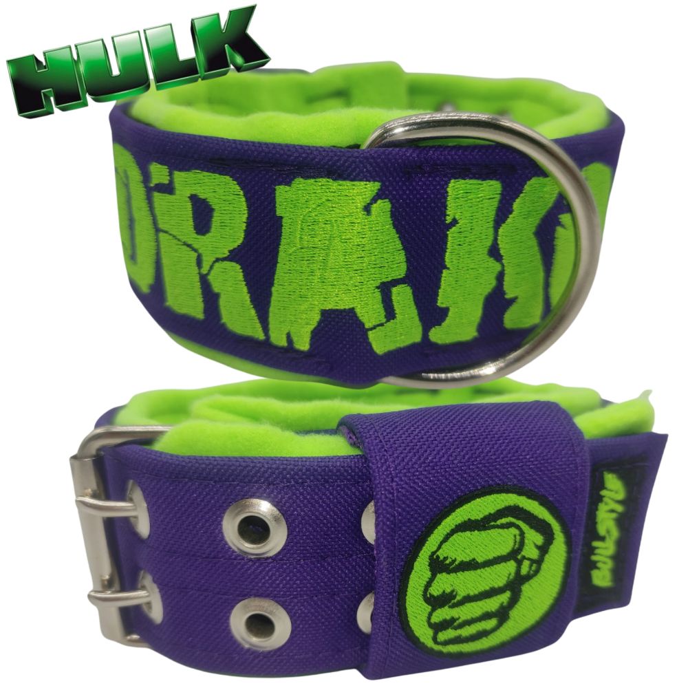 Collar Hulk de Bullstyles: Diseño verde flúor y negro de 50mm con triple capa de nylon y bordado personalizado para razas fuertes