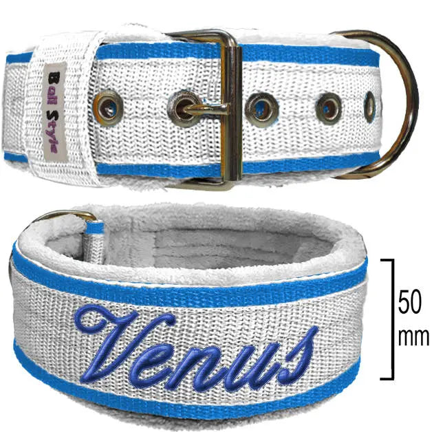 Collar personalizable Bull Style Street Line Combo para perro grande, en blanco y azul cielo con bordado azul eléctrico