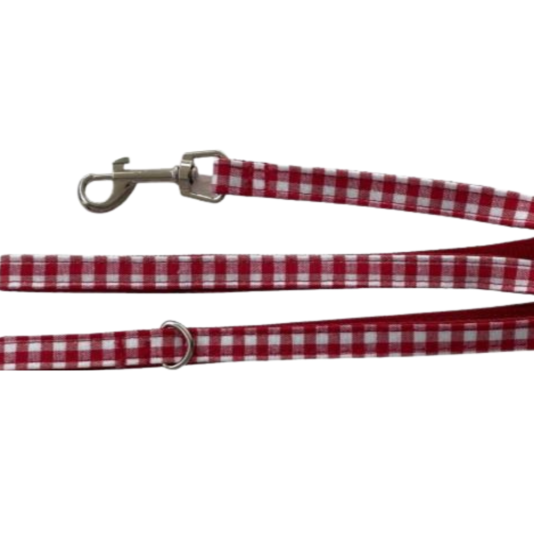 Correa para perro de alta resistencia línea Vichy Malva con patrón escocés rojo y azul, mosquetón de seguridad industrial | Bullstyles