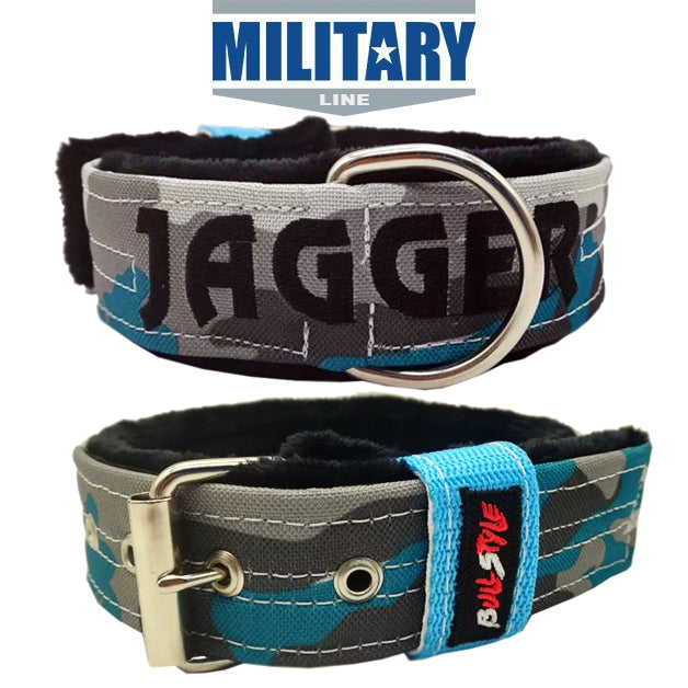 Collar Military Line 40mm para perros medianos, diseño militar azul con forro polar y bordado personalizado en negro