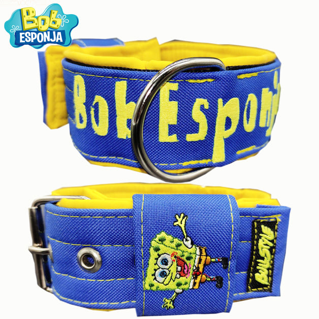 Collar para perro en 40mm y 50mm modelo Bob Esponja de Bullstyles con diseño amarillo vibrante y hebilla de seguridad de doble pasador