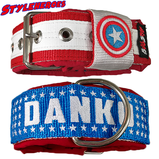 Collar Capitán América Bullstyles de 50mm en azul, blanco y rojo con 4 capas de resistencia y nombre bordado para razas potentes