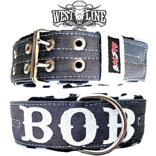 Collar de denim negro para perro West Arizona de Bullstyles en 50mm con forro acolchado y personalización mediante bordado.