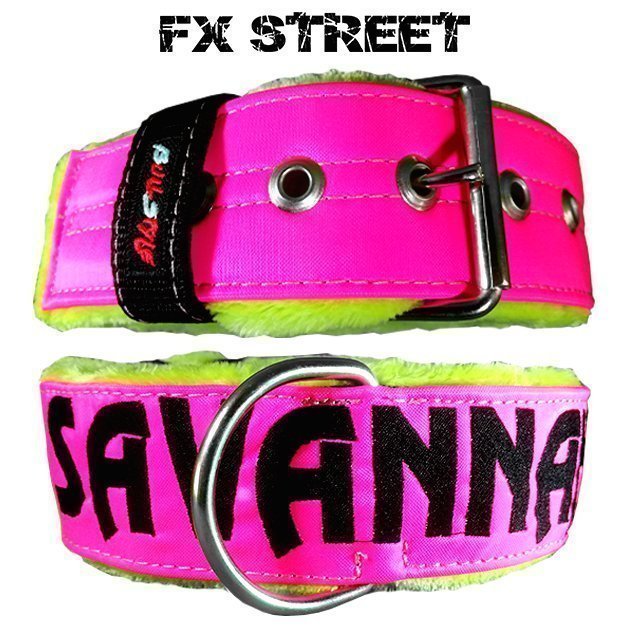 Collar Street FX fucsia flúor de Bullstyles en 50mm con forro polar amarillo, hebilla metálica de seguridad y personalización bordada.