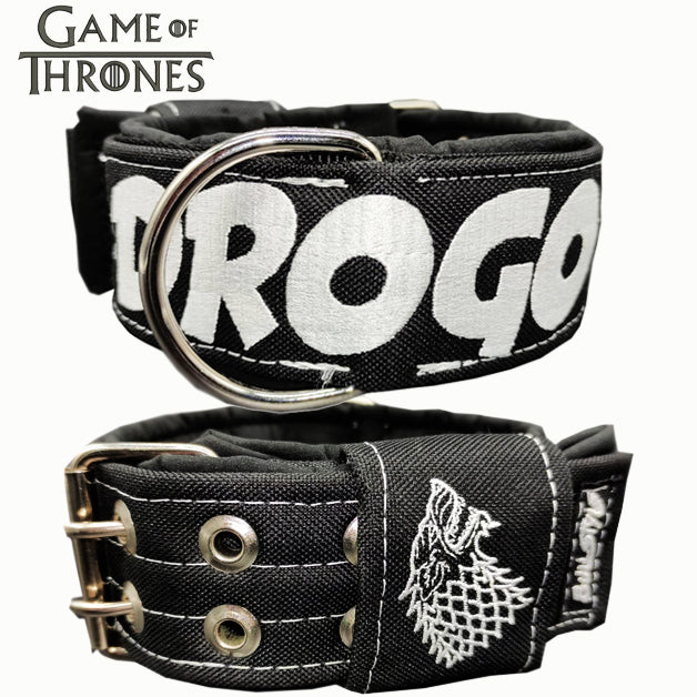 Collar para perro modelo Game of Thrones de Bullstyles en 40mm y 50mm, color negro con nombre personalizado bordado y hebilla de seguridad