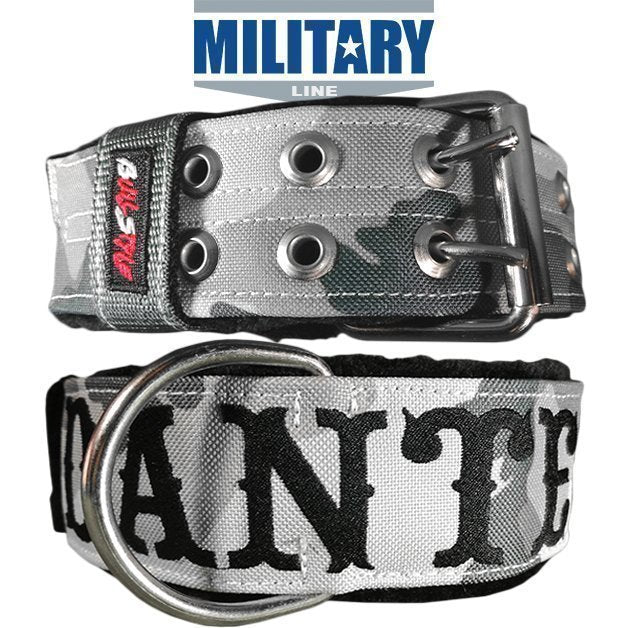 Collar militar mimetizado nieve Bullstyle de 50mm con bordado personalizado y herrajes de seguridad
