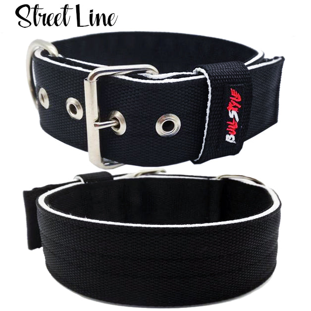 Collar Street Line negro de Bullstyles en 50mm con forro acolchado y personalización mediante bordado de alta calidad para perros de presa.