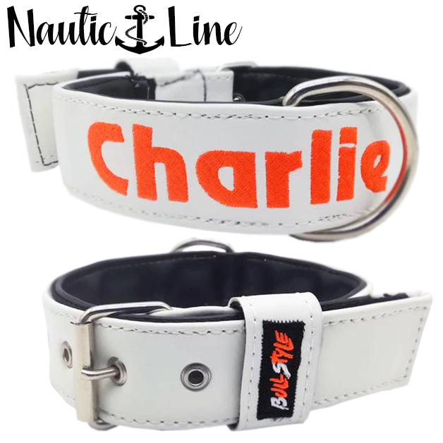 Collar para perro de polipiel náutica blanca Bullstyles disponible en 40mm y 50mm, con diseño de lujo resistente al agua y al sol.