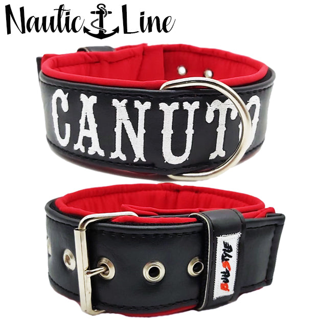 Collar de polipiel náutica negra para perro en 40mm y 50mm, resistente al agua y al salitre, con bordado personalizado de Bullstyles.
