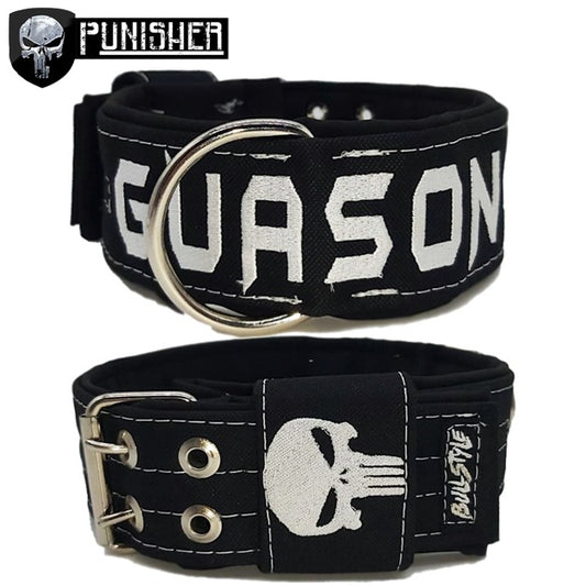Collar para perro modelo Punisher de Bullstyles en 40mm y 50mm con diseño de calavera, nombre bordado y hebilla de seguridad reforzada