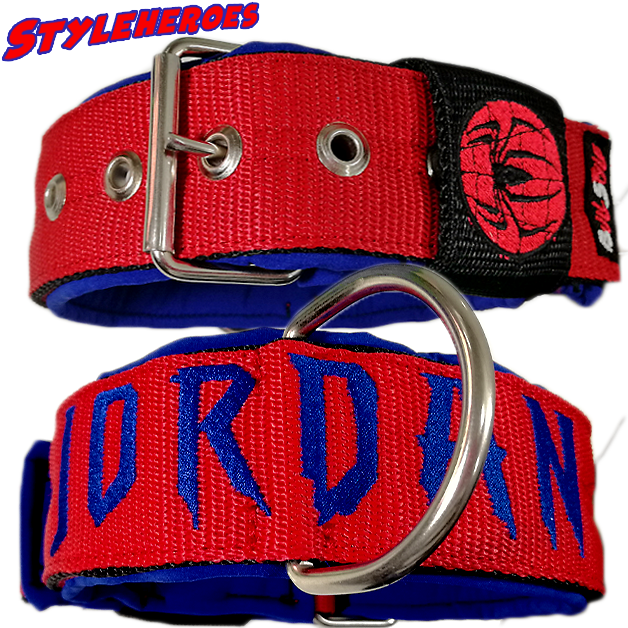 Collar Spiderman de Bullstyles: Diseño rojo y negro de 50mm con 4 capas de nylon y bordado personalizado para perros potentes.