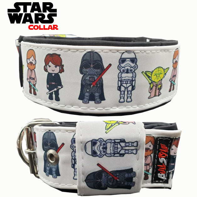 Collar para perro en 40mm y 50mm modelo Star Wars Blanco con bordados de Darth Vader, Stormtrooper y Yoda, y hebilla de seguridad de Bullstyles