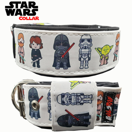 Collar para perro en 40mm y 50mm modelo Star Wars Blanco con bordados de Darth Vader, Stormtrooper y Yoda, y hebilla de seguridad de Bullstyles