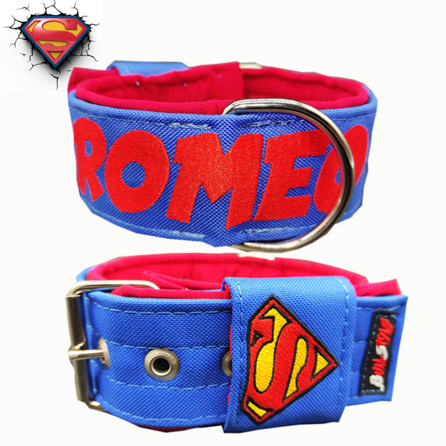 Collar Superman de Bullstyles: Diseño azul y rojo de 50mm con 4 capas de nylon y bordado de alta densidad para razas fuertes.