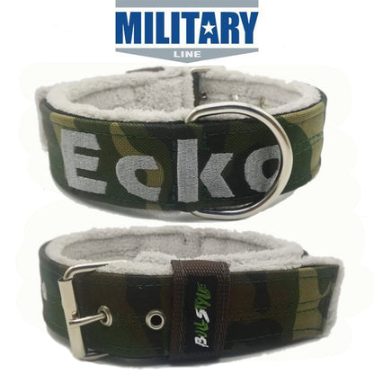 Collar táctico para perro modelo Military Line de Bullstyles en 50mm con nombre personalizado bordado y hebilla de acero de alta resistencia