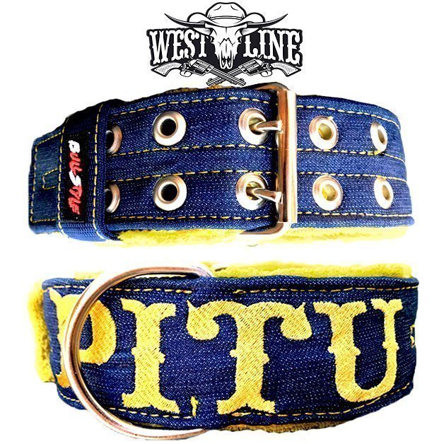 Collar de denim azul para perro West Texas de Bullstyles en 50mm con costuras reforzadas y personalización mediante bordado